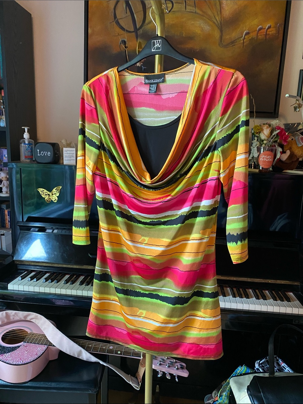 Frank Lyman Design Pink and Green Watercolor Stripe Top